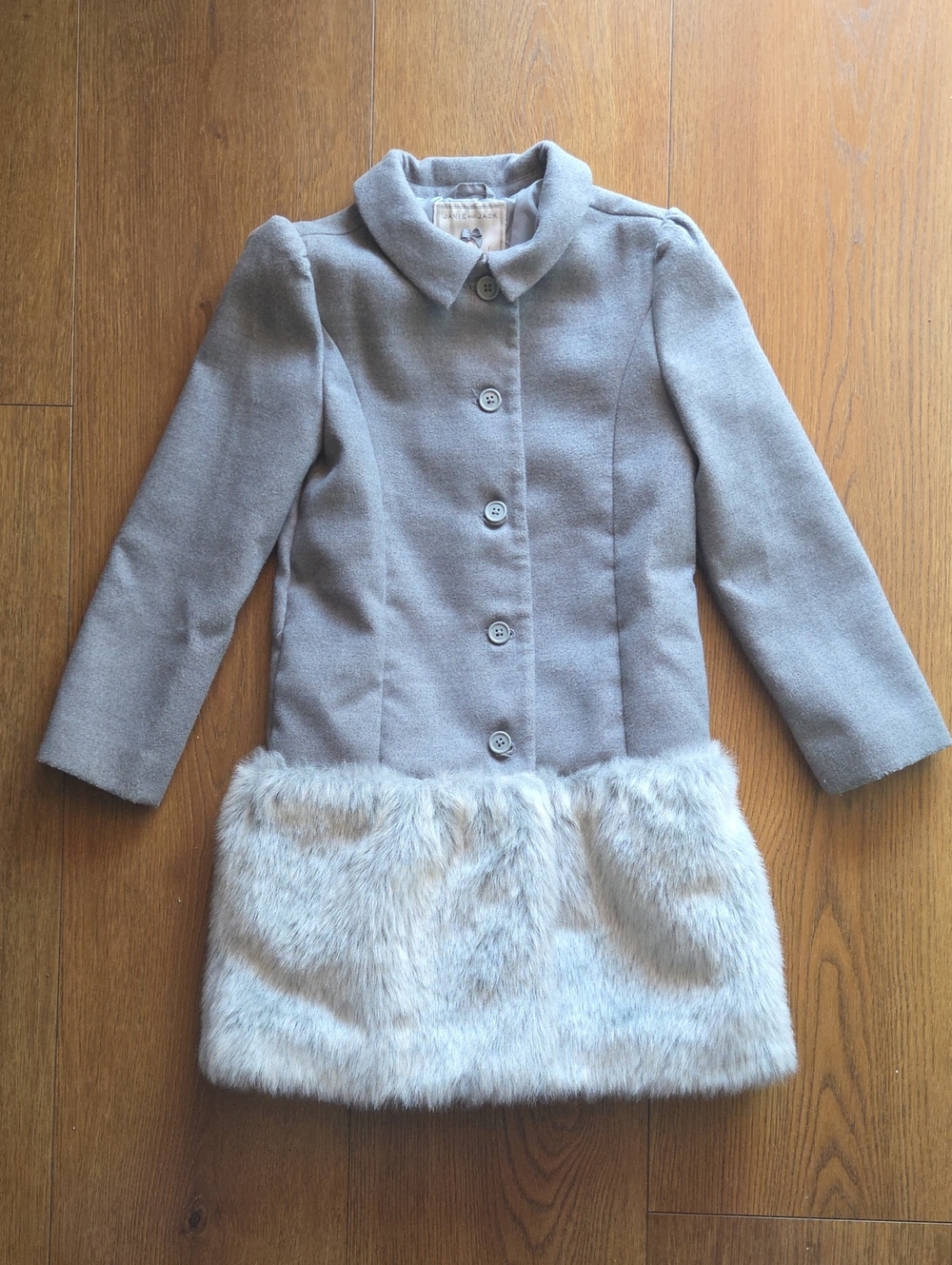 Janie & Jack  Boujour Girls' Light Gray Wool-Blend Coat with Faux Fur Trim